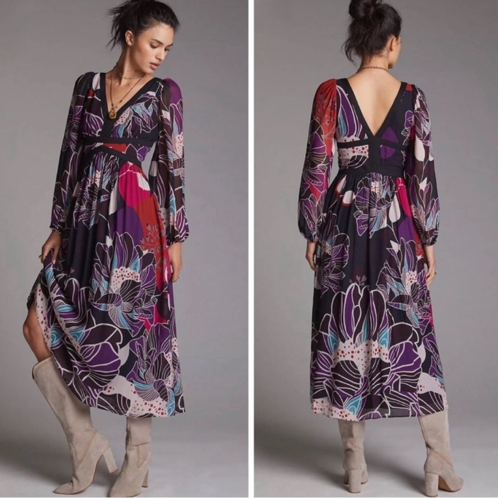 Anthropologie Let Me Be floral long sleeves midi dress
